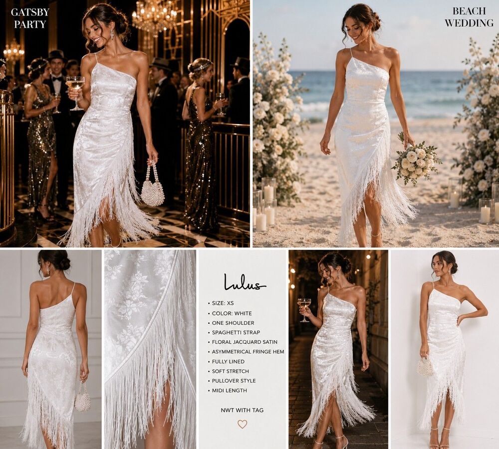 Lulus White Floral Satin Fringe Midi Dress XS NWT Gatsby Bridal Cottagecore